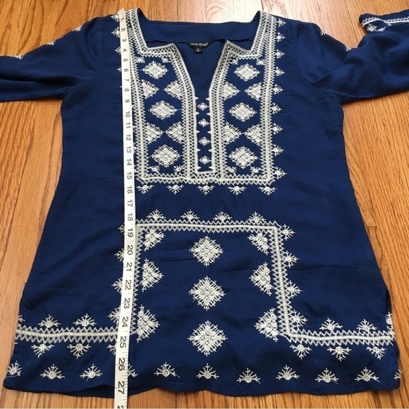 Lucky Brand Boho Embroidered Navy Blue 3/4 Long Sleeve Blouse Tunic - Picture 11 of 16
